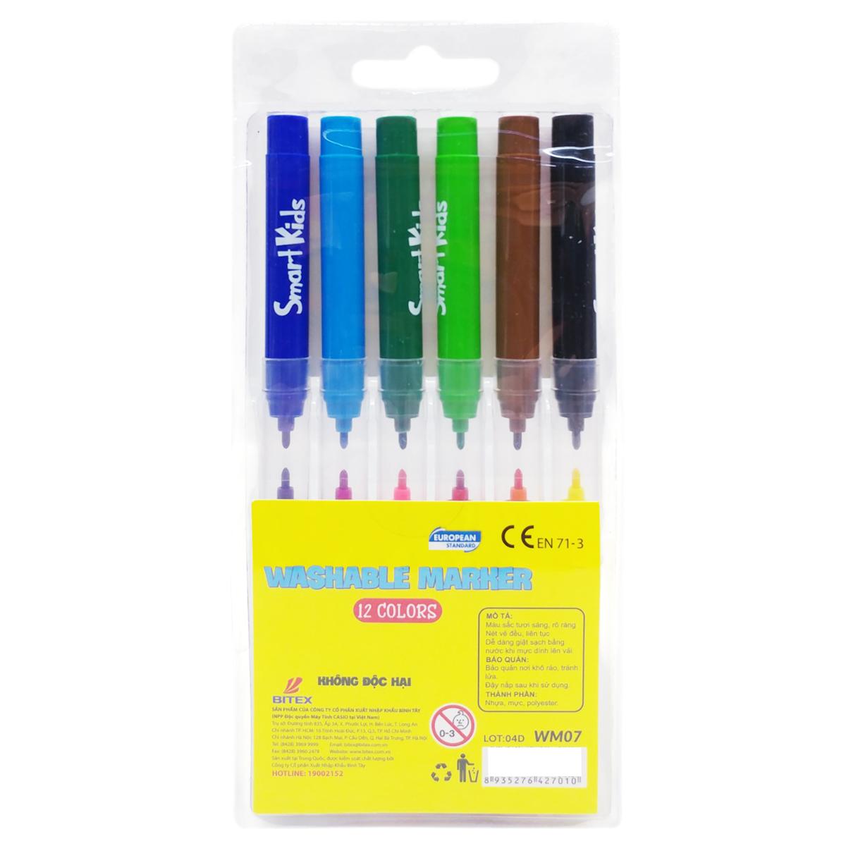Vỉ 12 Bút Lông Màu Rửa Được - Smart Kids WM07