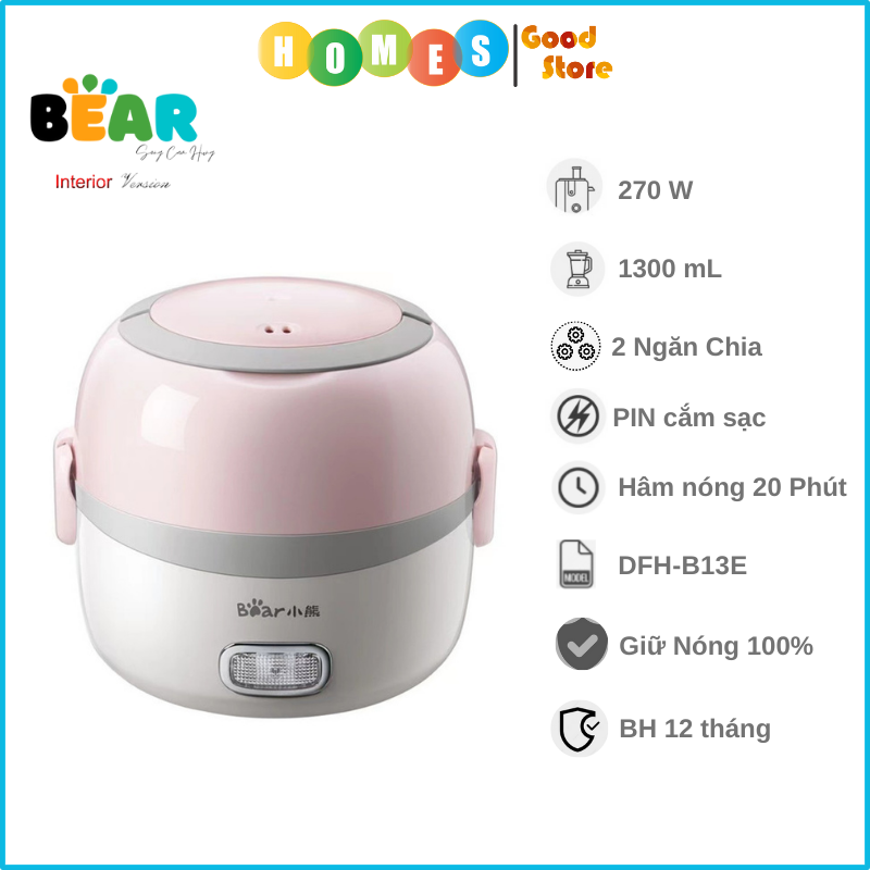 Hộp Cơm Điện Giữ Nhiệt Và Nấu Đa Năng BEAR DFH-B13E Dung Tích 1.3 Lít Công Suất 270W - Hàng Chính Hãng