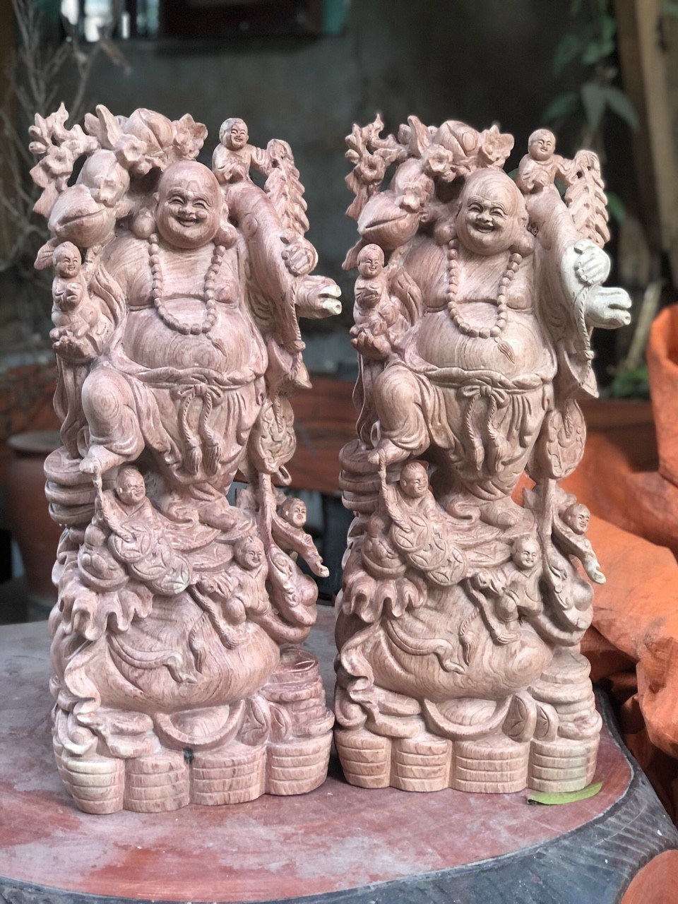 Tượng phật di lặc ngũ phúc bằng gỗ hương đá kt cao 80×35×18cm