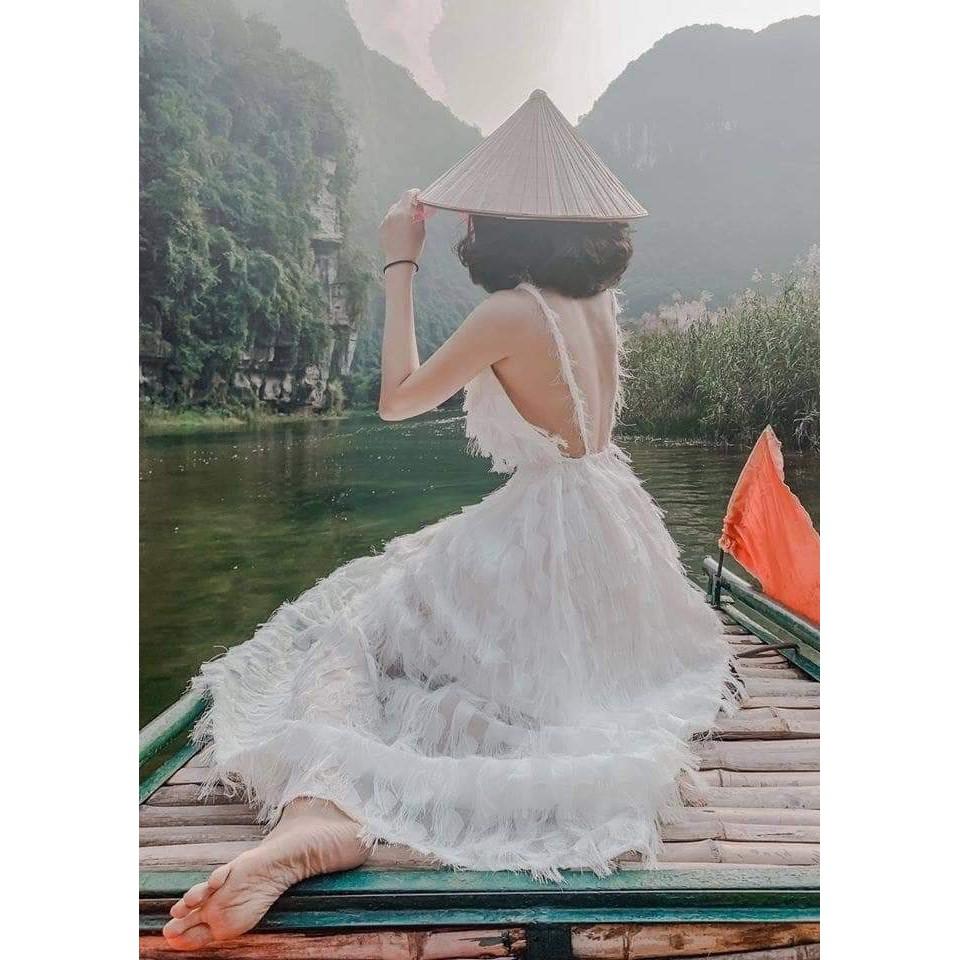 Váy Maxi Trắng Lông Vũ Hở Lưng Ảnh Thật 100%  Hàng Có Săn