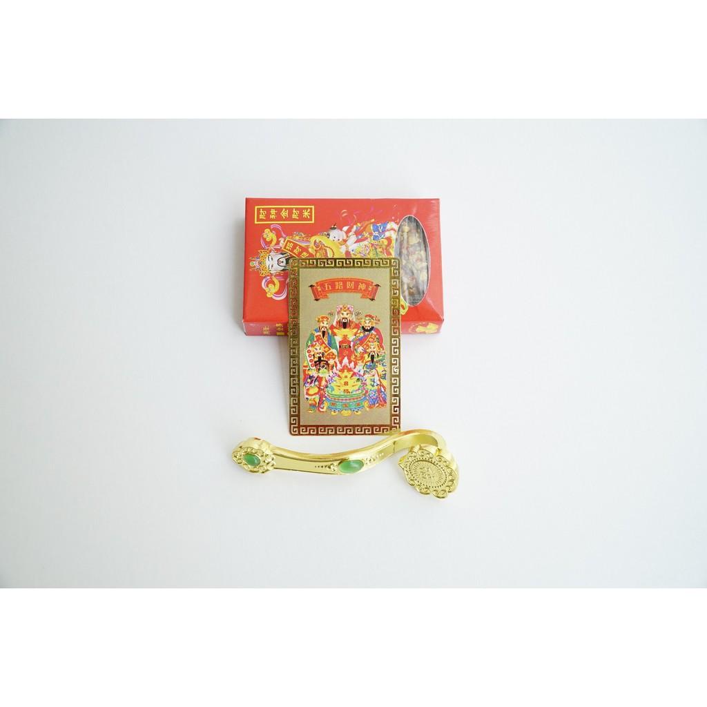 Bộ Ngũ Lộ Thần Tài Phù + Gạo vàng + Gậy Như Ý tài lộc giàu có