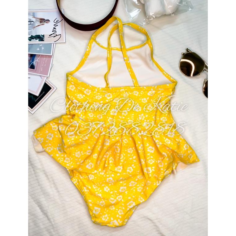 2T-5T Bikini đồ bơi đi biển 1 mảnh màu vàng 2 dây chéo hoa trắng nhí bé gái chống nắng