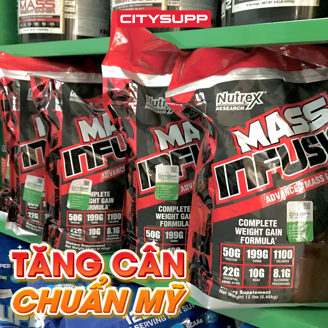 Nutrex Mass Infusion, Sữa Tăng Cân, Tăng Cơ Nạc Hiệu Quả, Bổ Sung 50G Protein, 22G EAA, 10G BCAA, Túi 5.4KG, 19 Lần Dùng