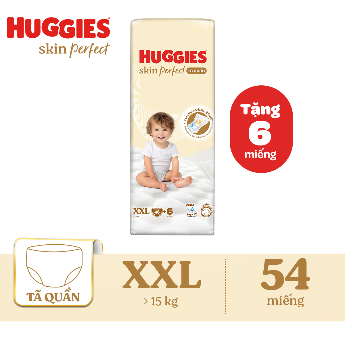 Tã quần Huggies Skin Perfect XXL Super Jumbo 48+6 miếng với 2 vùng thấm giảm kích ứng da