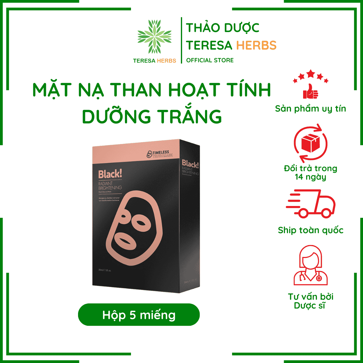 [Hộp 5 miếng] Mặt nạ Than hoạt tính Dưỡng trắng da Timeless Truth Mask Radiant Brightening