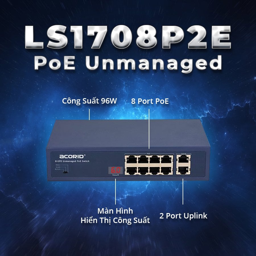 Switch poe 8 port Acorid LS1708P2E, 8 cổng POE+ 30W FE 10/100Mbps , 2 cổng Uplink, tổng công suất 96W, Có đèn hiển thị công suất, AI reboot thiết bị – Hàng chính hãng