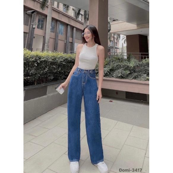Quần jean nữ ống suông cạp cao màu xanh kiểu lưng MS 3417-3418