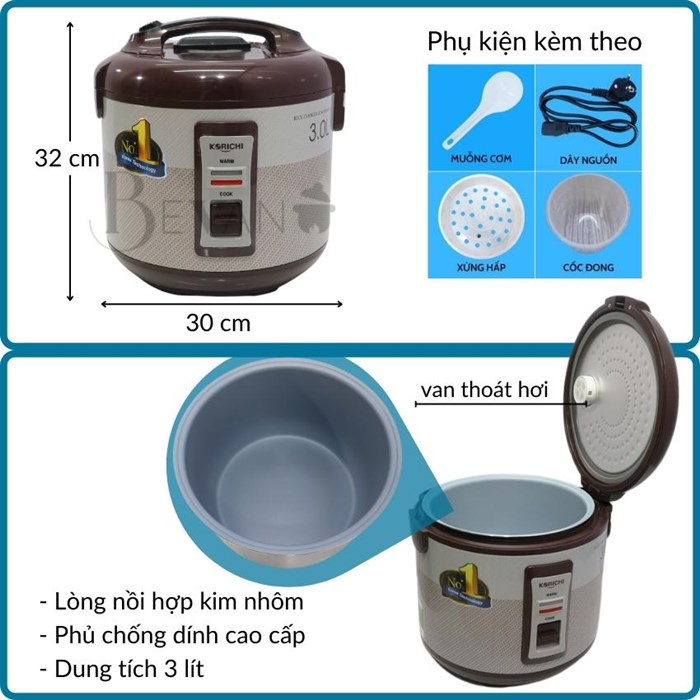 Nồi cơm điện lớn giữ ấm 12 giờ hàng chính hãng Korichi KRC-1832 Bevano, Nồi cơm điện cơ 3L không dính đa năng tiết kiệm năng lượng, thích hợp cho 8-10 người