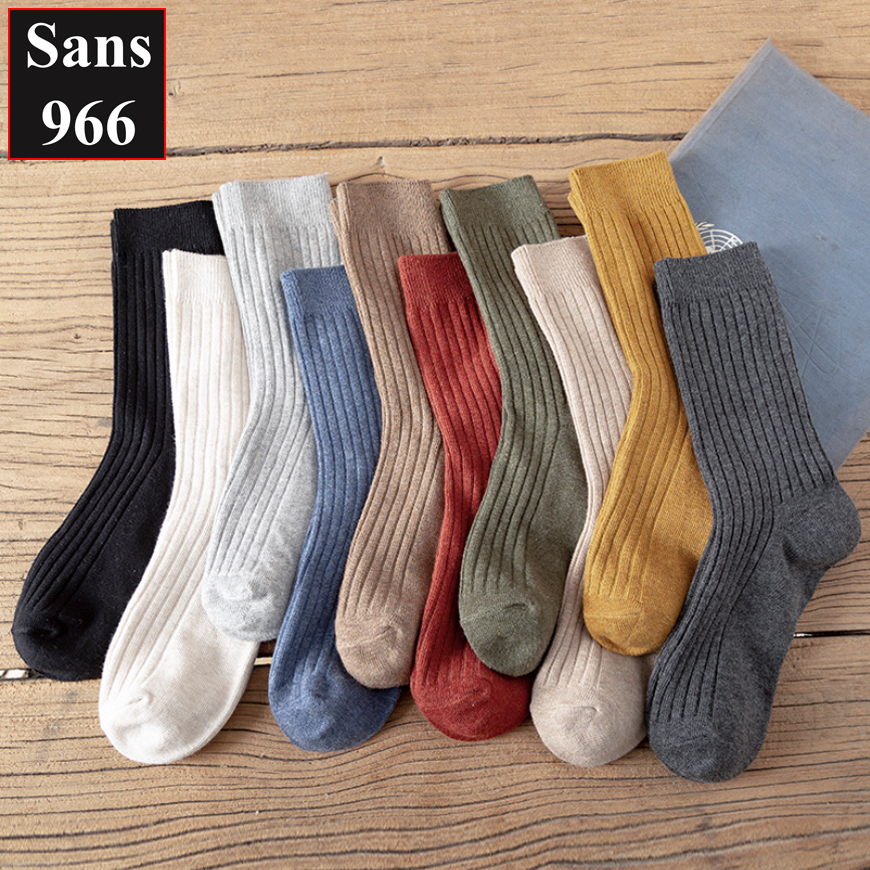 Tất cao cổ nữ vintage hàn quốc Sans966 vớ len gân trơn basic cotton dày dặn đẹp nhiều màu nâu trắng đen nâu xanh đỏ