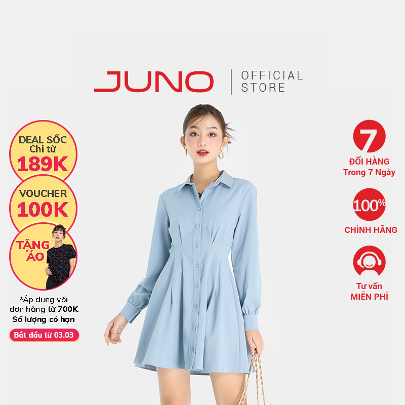Đầm Ngắn Nữ Thời Trang JUNO Tay Dài Xếp Ly JNDLU038