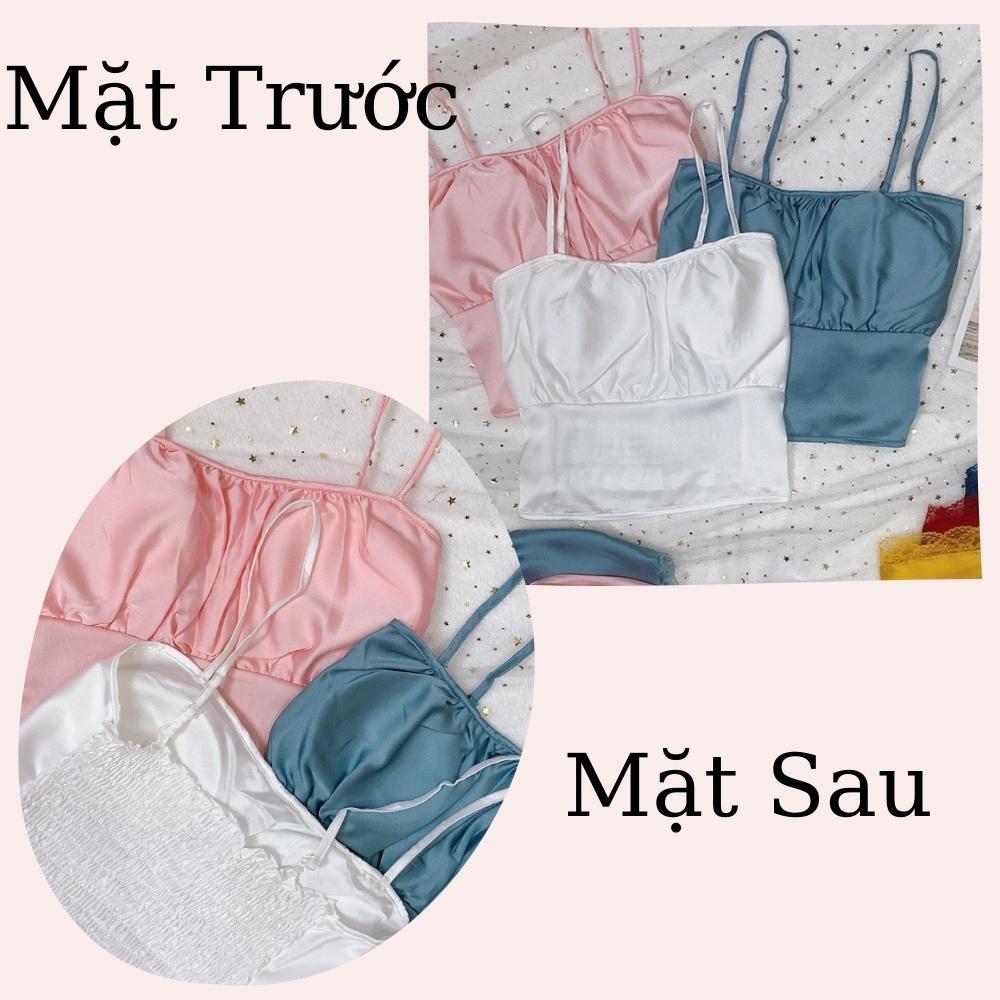 Đồ Ngủ Sexy Hai Dây Nữ Áo Có Mút Ngực Quần Đùi Satin Freesize