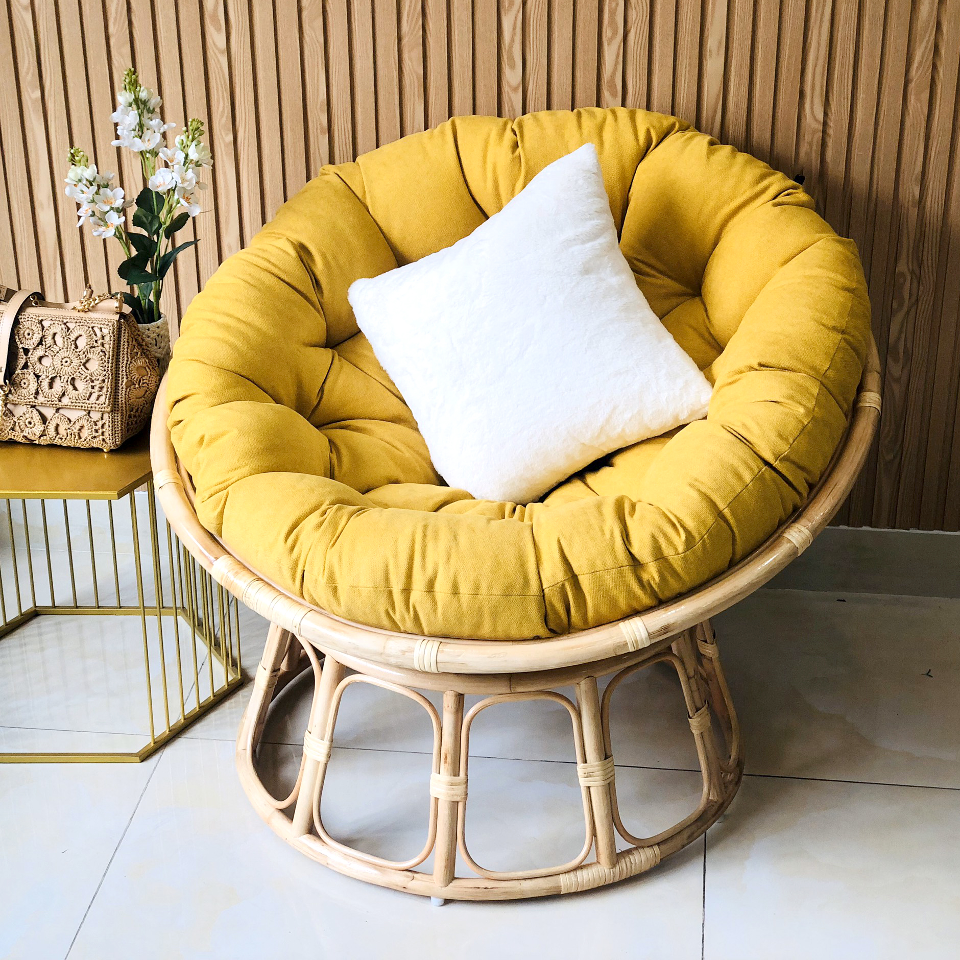 GHẾ MÂY PAPASAN CAO CẤP - VẢI BỐ- MÀU VÀNG