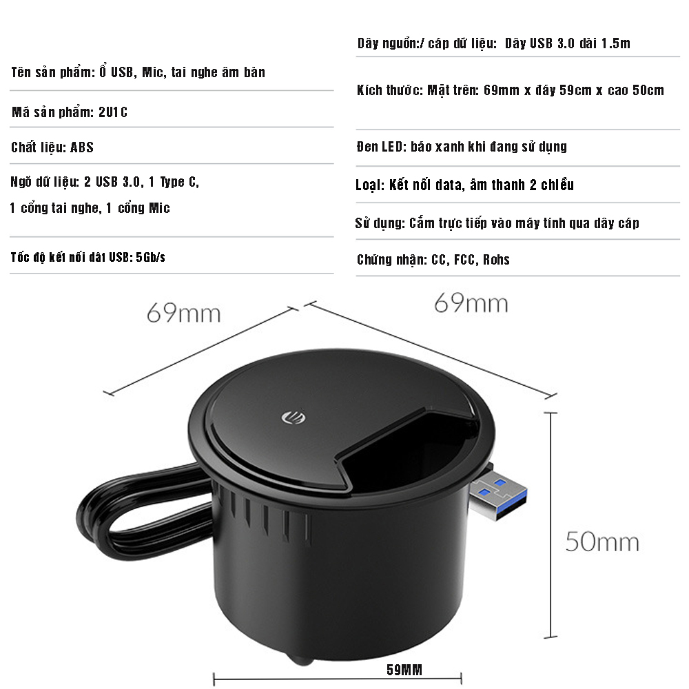 Ổ cắm gắn mặt âm bàn kết nối data gồm 2 USB 3.0, 1 Type C 3.0, 1 cổng tai nghe, 1 cổng Mic, Dan House DESK-2U1C, Tốc độ kết nối lên đến 5Gb/s, hàng chính hãng