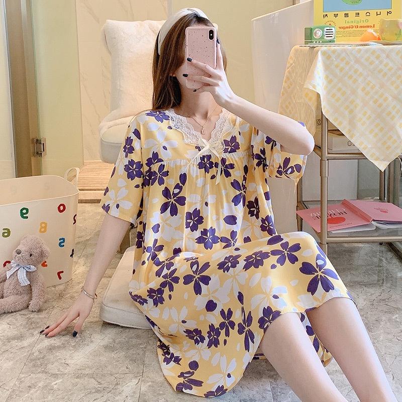 Váy/đầm nữ cộc tay cổ V phối ren vải lanh thoáng mát, dáng suông dài nhiều họa tiết freesize 45 - 65 kg