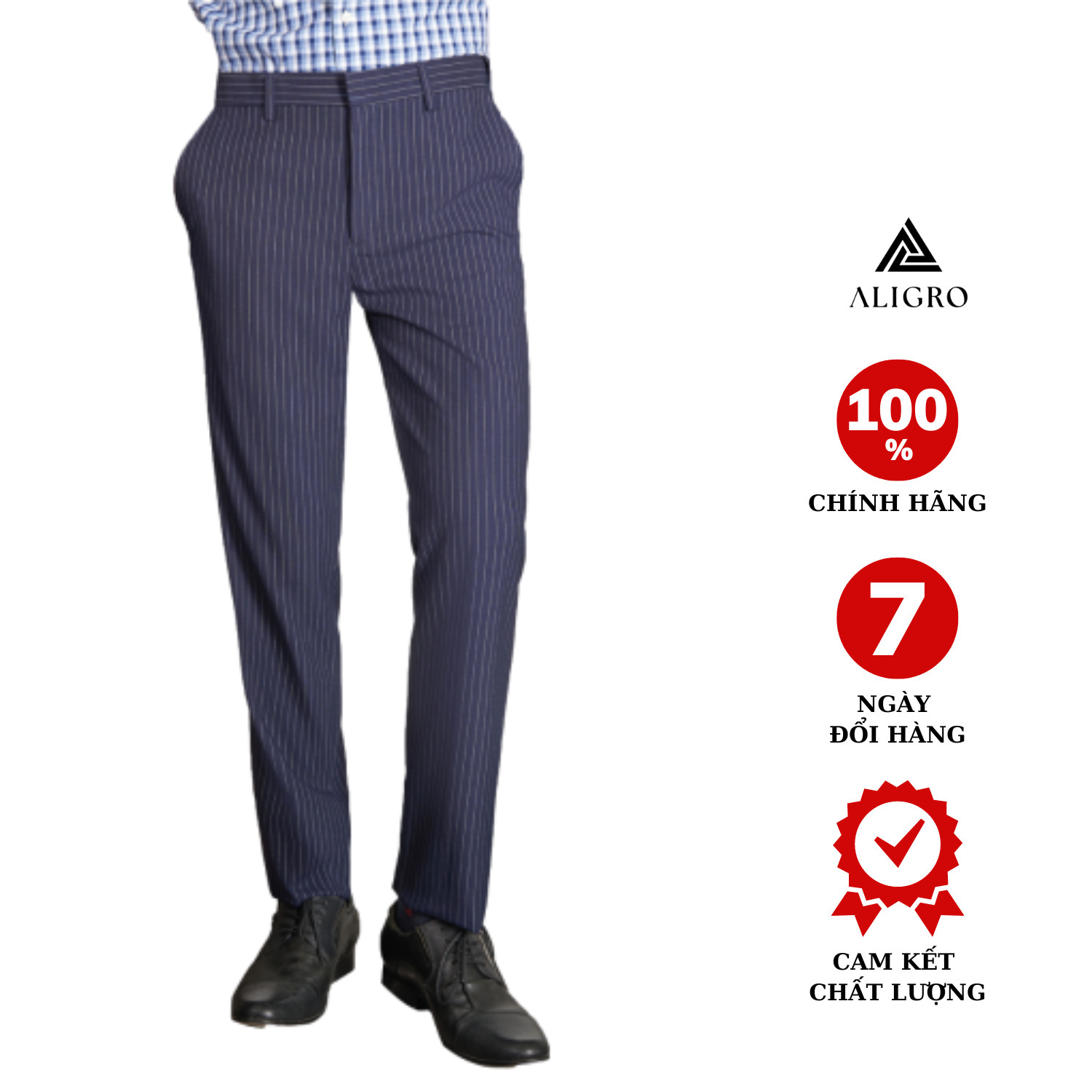 Quần âu nam ALIGRO màu navy kẻ sọc trắng, chuẩn form slimfit, tôn dáng ALGO1052