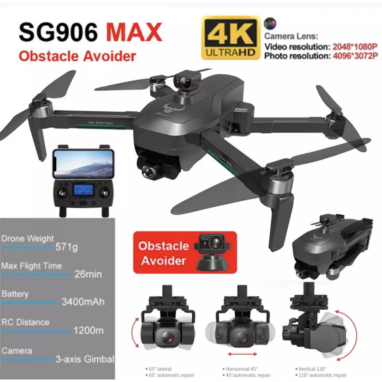 Flycam SG906 Max Gimbal chống rung EIS 3 trục, Tránh chướng ngại vật động cơ không chổi than - Hàng chính hãng