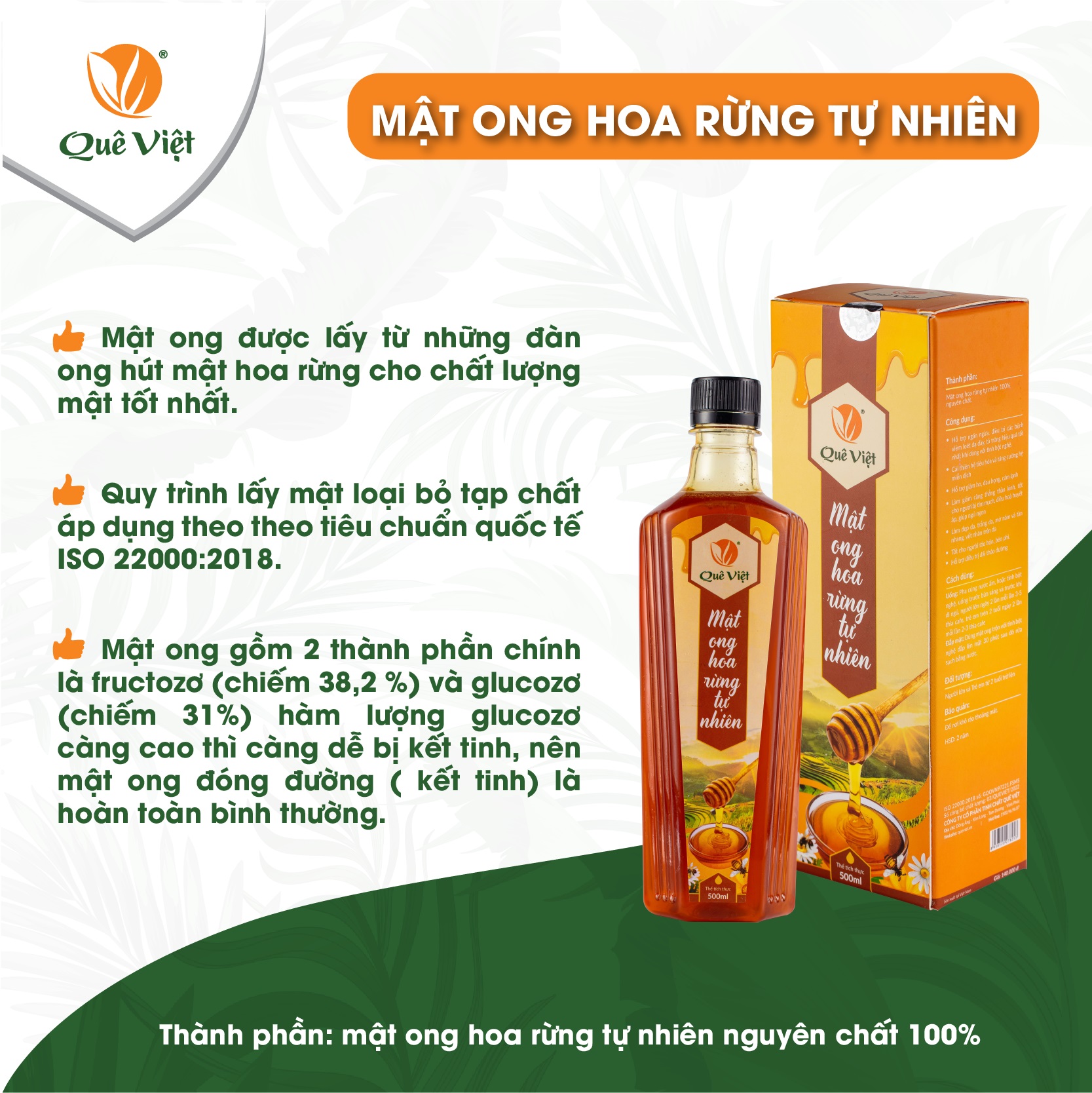 Mật ong nguyên chất hoa rừng tự nhiên Quê Việt 500ml (700g)