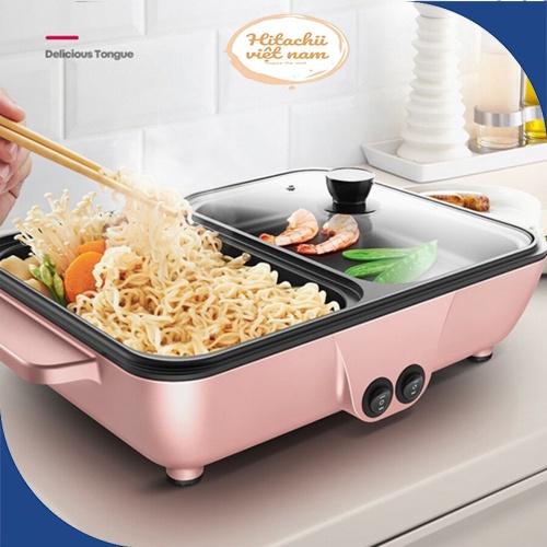 Bếp lẩu nướng 2 in 1 không khói chống dính, Bếp lẩu nướng đa năng mini bằng điện, Nồi lẩu nướng đa năng 2 in 1 Hàn Quốc