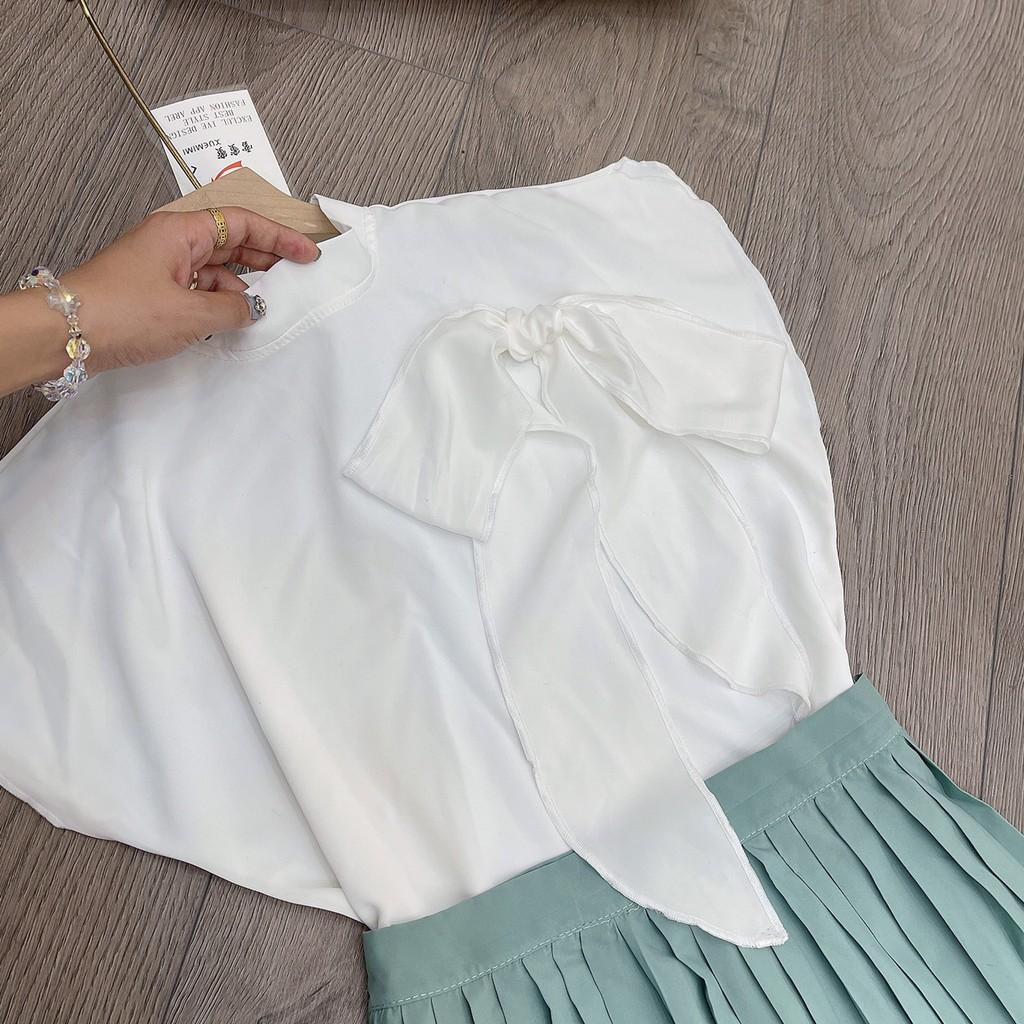 Sét áo nơ cổ lệch mix chân váy dập ly xanh sang chảnh