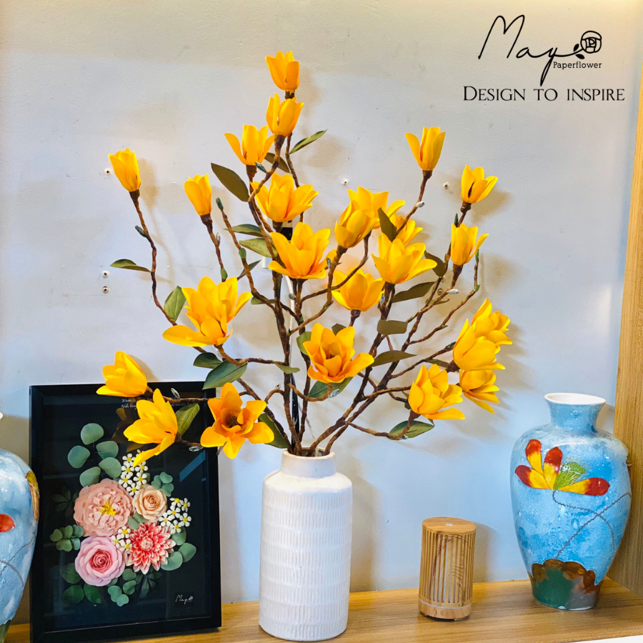 Hoa giấy handmade trang trí, Hoa Mộc Lan vàng, Maypaperflower - hoa giấy nghệ thuật, hoa cắm bình, decor nhà ở văn phòng