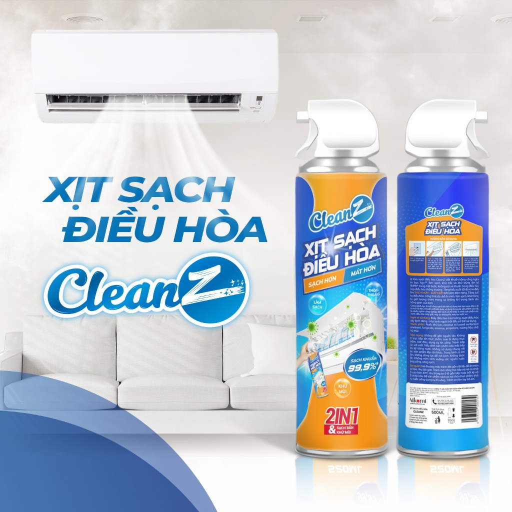 Chai xịt vệ sinh điều hòa Cleanz làm sạch diệt khuẩn bằng công nghệ ion bạc Ag+ -500ml- Hàng chính hãng