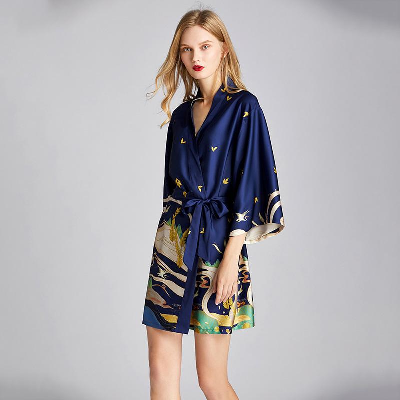 Women Pajamas Print Night Robe V Neck Three Quarter Sleeve Soft Comfortable Satin Nightwear Gown Sleepwear