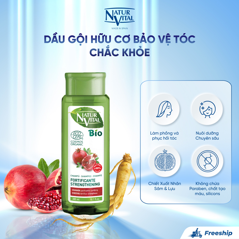 Dầu Gội Hữu Cơ NaturVital Ecocert Strengthening Chiết Xuất Nhân Sâm & Lựu, Giúp Bảo Vệ Tóc Chắc Khỏe, Làm Phồng Và Phục Hồi Tóc