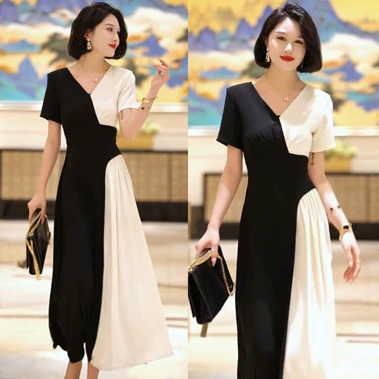 Đầm maxi phối màu đen trắng