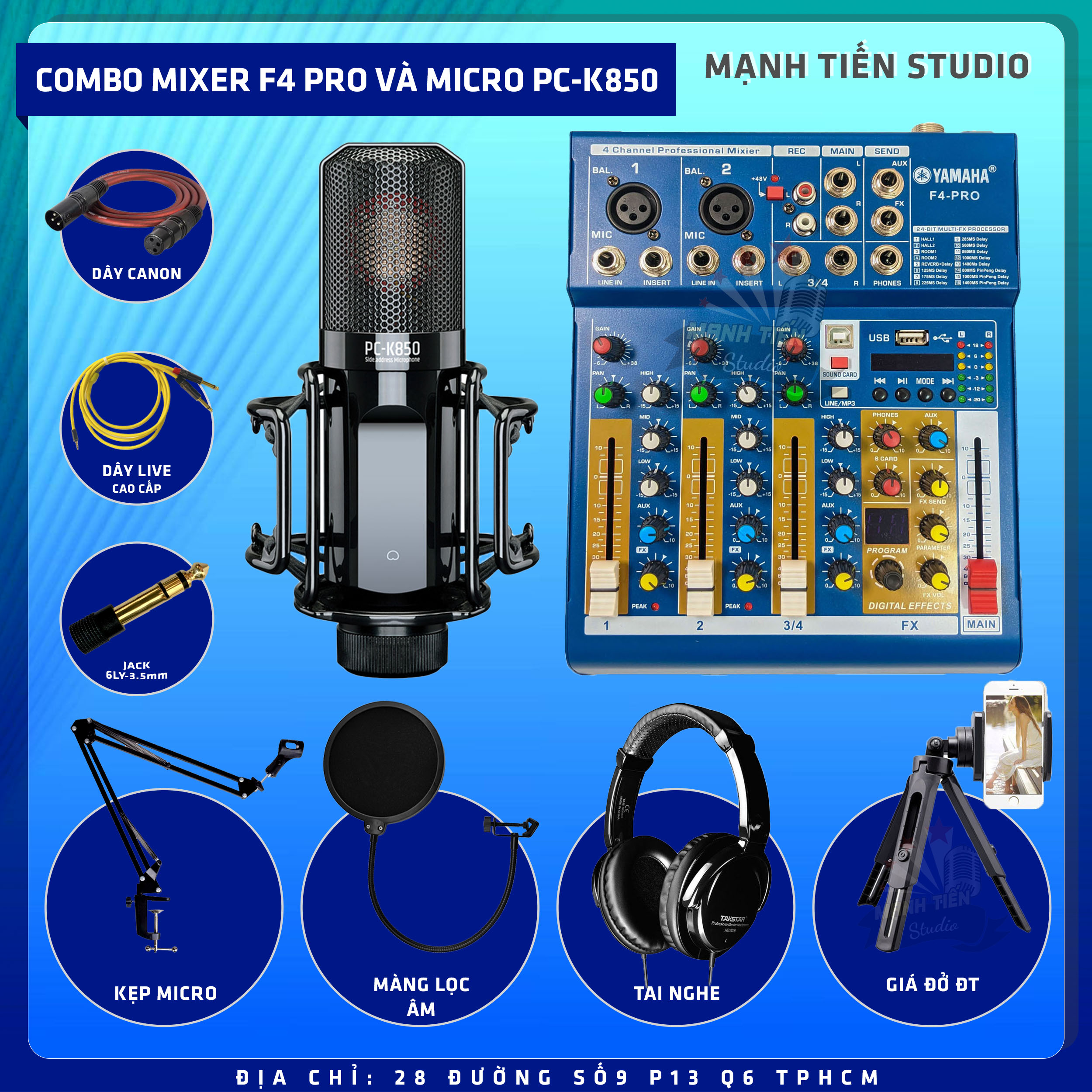 Combo thu âm, livestream Micro TakStar PC-K850, Mixer Yamaha F4 Pro - Kèm full phụ kiện tai nghe kiểm âm Takstar HD2000, kẹp micro, màng lọc, dây canon, dây livestream, giá đỡ ĐT - Hỗ trợ thu âm, karaoke online chuyên nghiệp - Hàng nhập khẩu