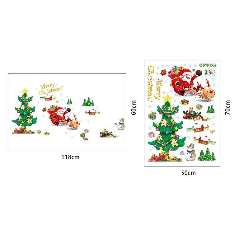 Decal trang trí Noel - Ông Gia Noel ngồi xe Tuần Lộc bay phát quà