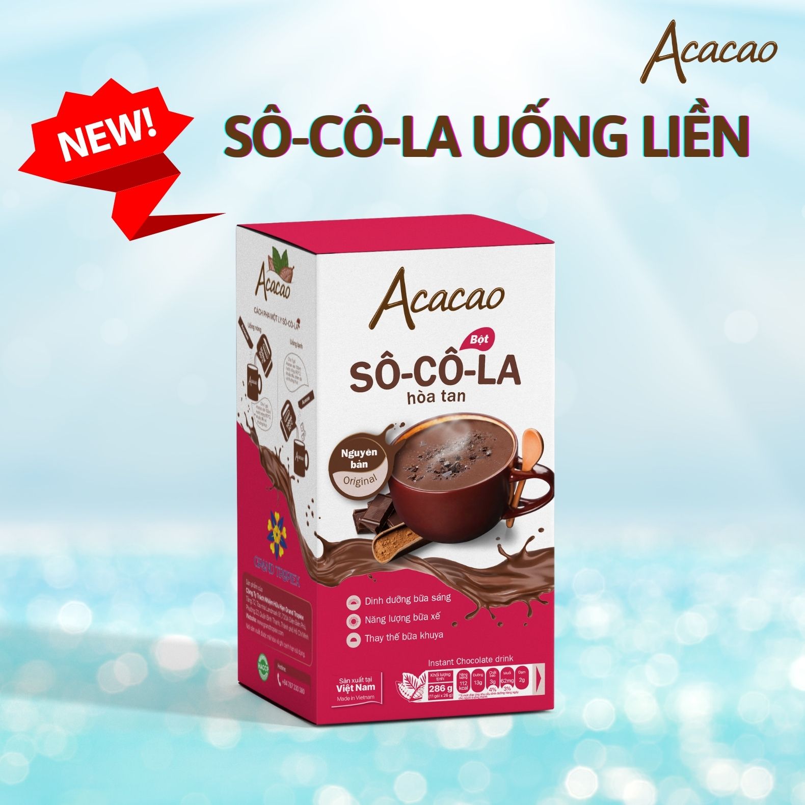 Bột socola hòa tan uống liền dinh dưỡng, Sô Cô La NGUYÊN VỊ, không chất béo chuyển hóa