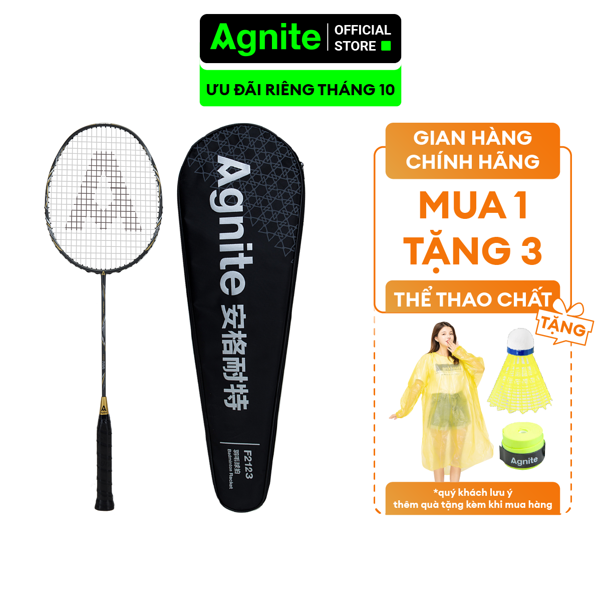 Vợt cầu lông đơn cao cấp chơi chuyên nghiệp Agnite, 100% CARBON, khớp nối liền siêu bền nhẹ tặng kèm phụ kiện
