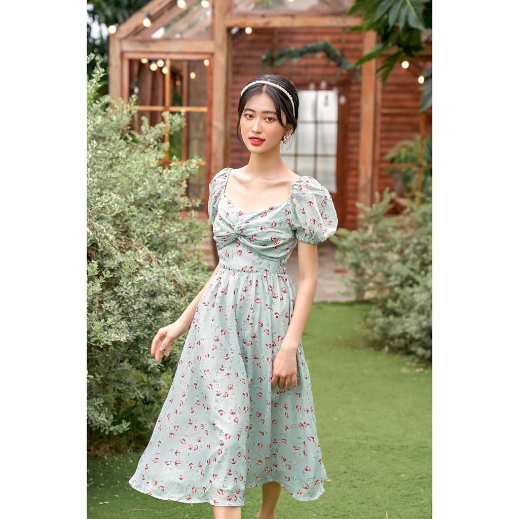 ĐẦM VOAN XANH HỌA TIẾT HOA NHÍ TAY LỠ XOẮN NGỰC TAY LỠ DÁNG XÒE-