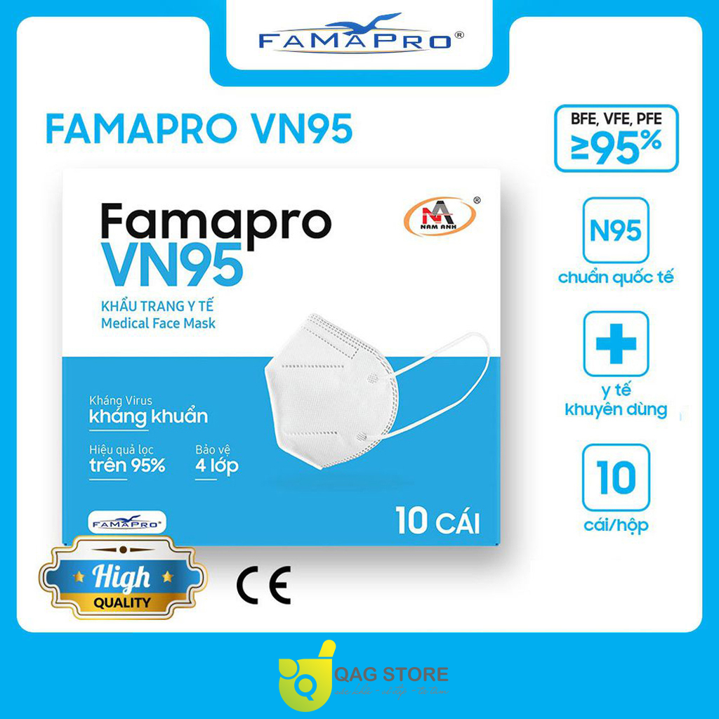 Chính hãng Nam Anh - Khẩu trang Famapro VN95 4 lớp màu trắng lọc bụi, kháng khuẩn (10 cái/hộp)