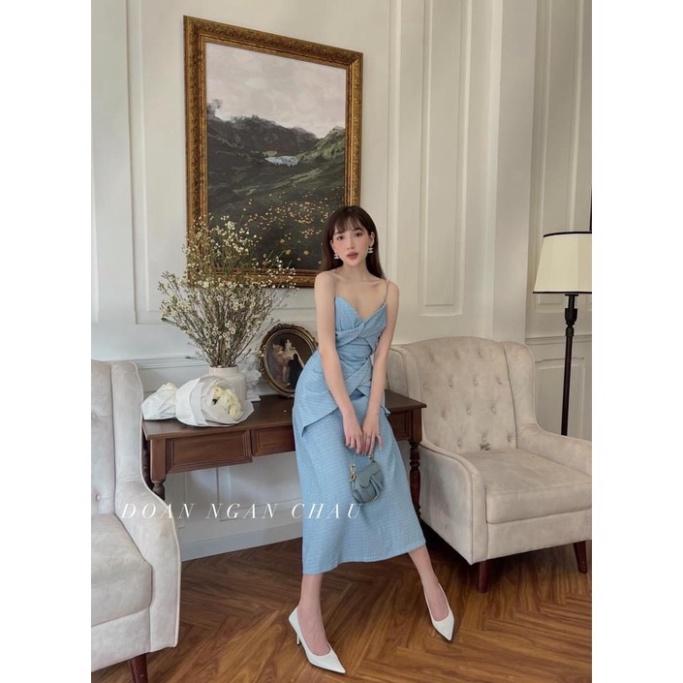 Đầm váy maxi xốp 2s xoắn ngực xốp thái hở lưng xanh trắng Ivy.fashion đi biển dự tiệc dạo phố bigsize gợi cảm sexy