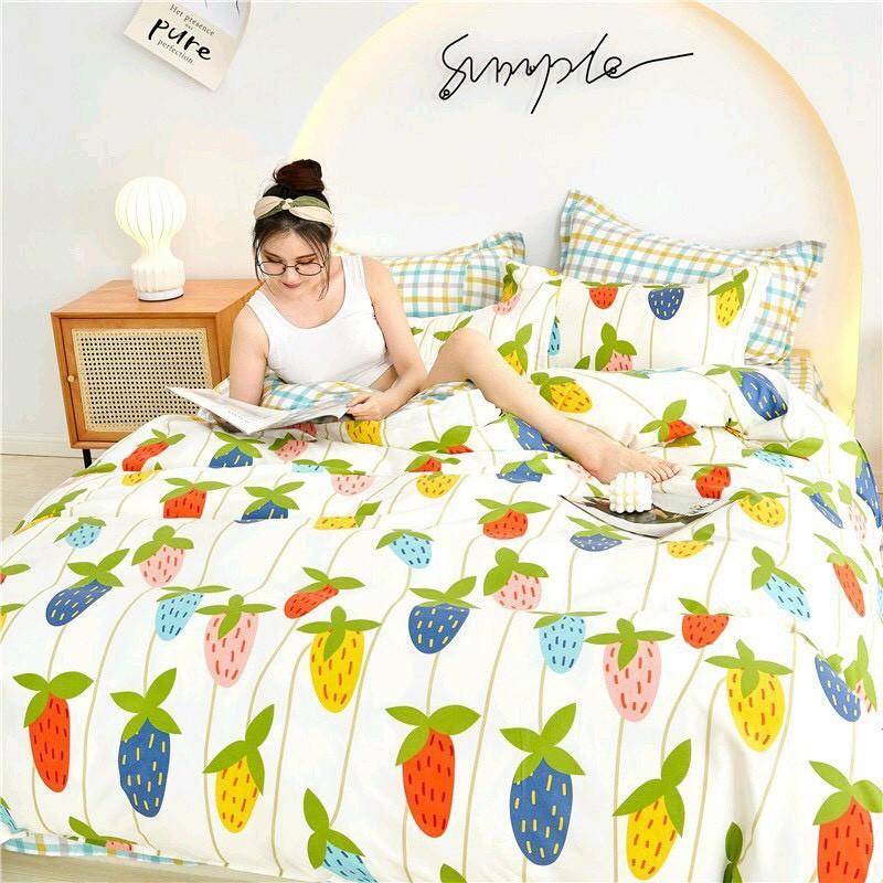 Bộ chăn ga Cotton poly M2T Bedding chăn ga Hàn Quốc họa tiết dâu ngũ sắc đủ size miễn phí bo chun