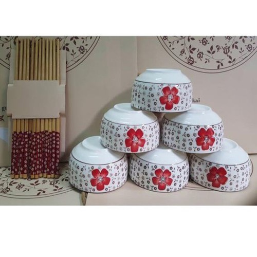 SET 6 bát hình hoa xuất nhật đẹp - kèm 6 đôi đũa theo set - Bộ bát hình hoa đào - Bộ bát đũa hình hoa