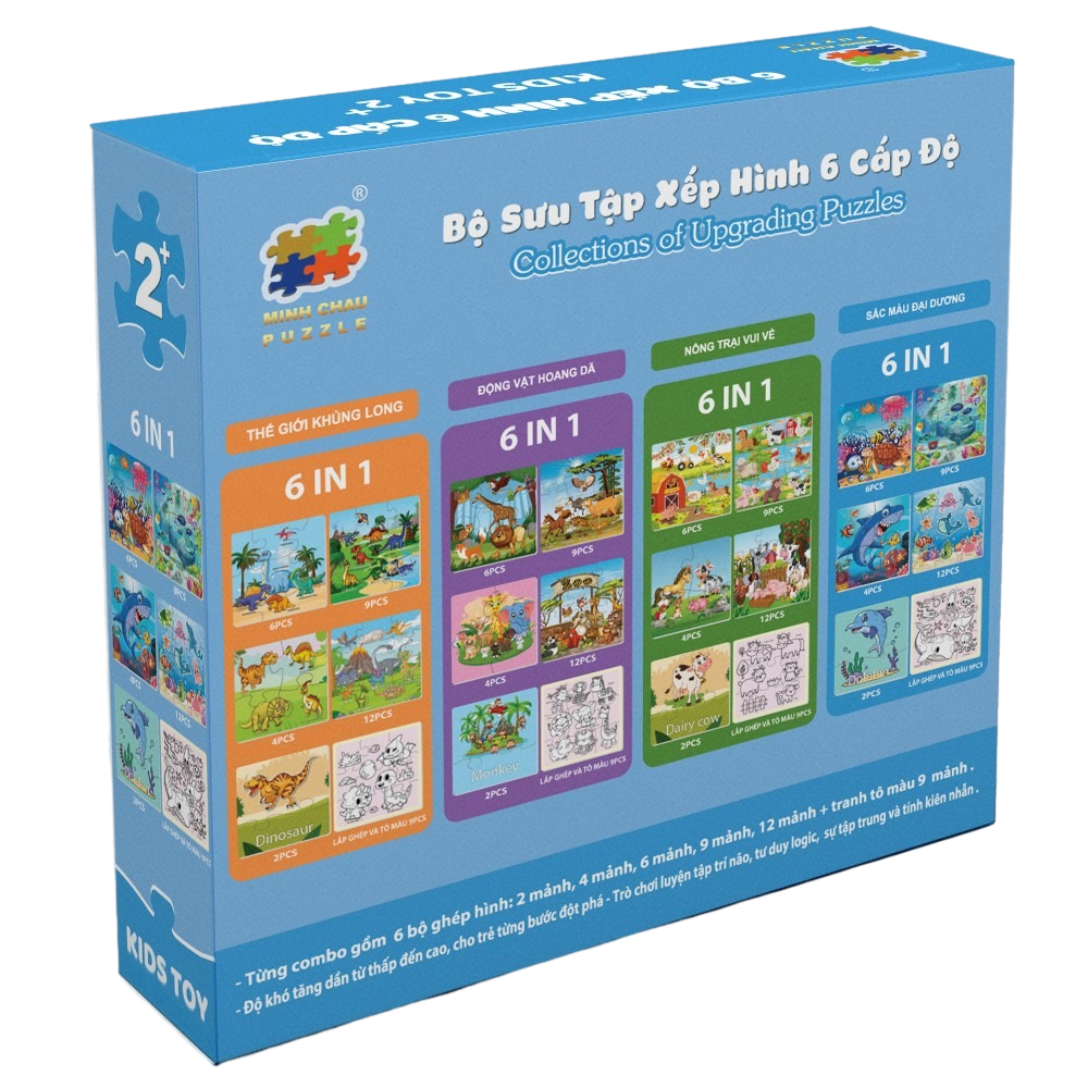 Bộ 6 Tranh Xếp Hình 6 Cấp Độ 17 x 17 cm - Động Vật Hoang Dã - Minh Châu C6-004