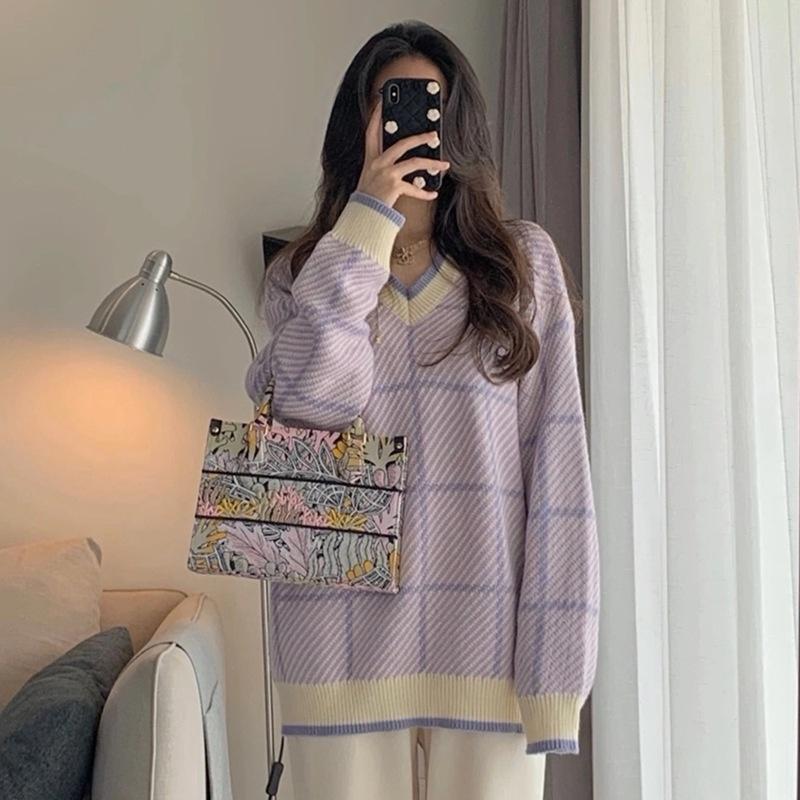 Áo len dệt kim màu tím kẻ sọc phong cách nữ sinh Hadu shop