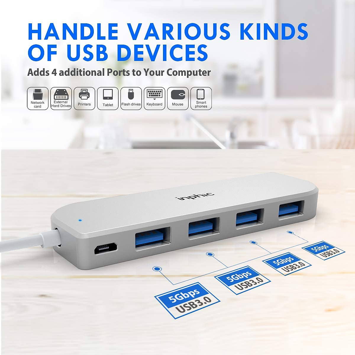 Hub USB 5 in 1 (4 cổng USB 2.0 và 1 cổng sạc Micro-USB) thương hiệu Inphic- Hàng Nhập Khẩu