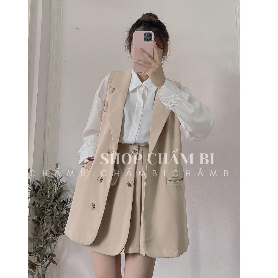 Set bộ đi chơi S.064, Set áo gile cổ vest form rộng cùng chân váy xếp ly cách điệu phong cách Hàn Quốc