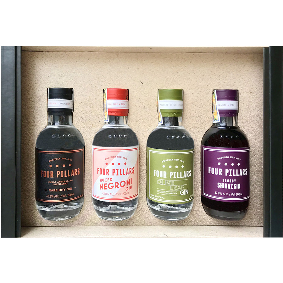 Combo 4 chai Fourpillars Mini 200ml: 1 Olive Leaf 43.8%, 1 Spiced Negroni 43.8%, 1 Rare Dry 41.8%, 1 Bloody Shiraz 37.8% - Kèm hộp