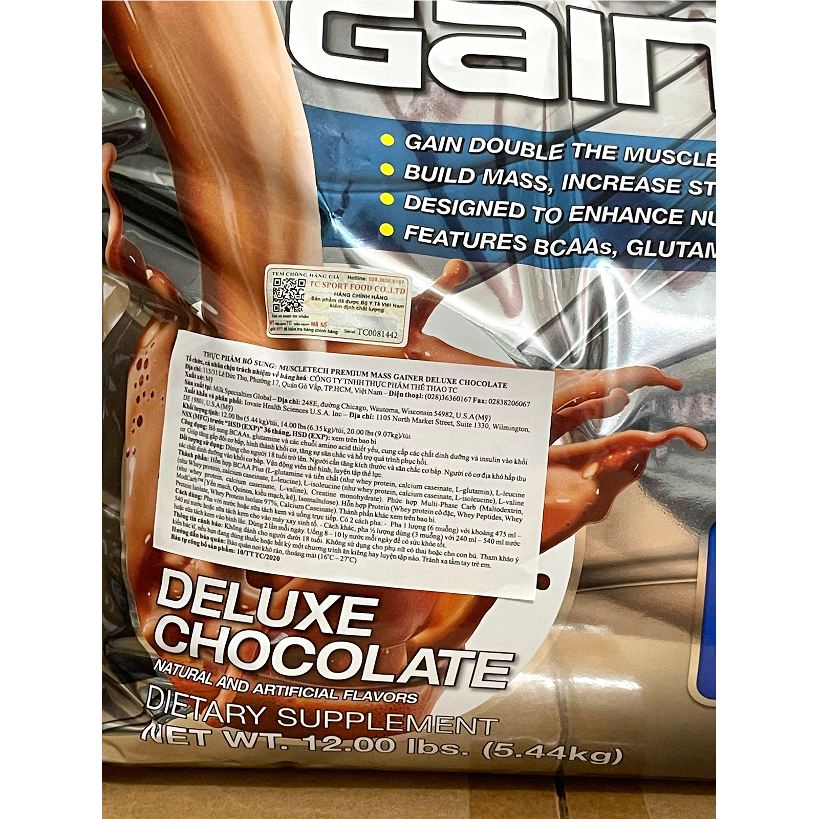 Combo Sữa tăng cân Premium Mass Gainer của Muscle Tech hương Chocolate bịch 5.4 kg & Bình lắc 600 ml (Màu Ngẫu Nhiên)