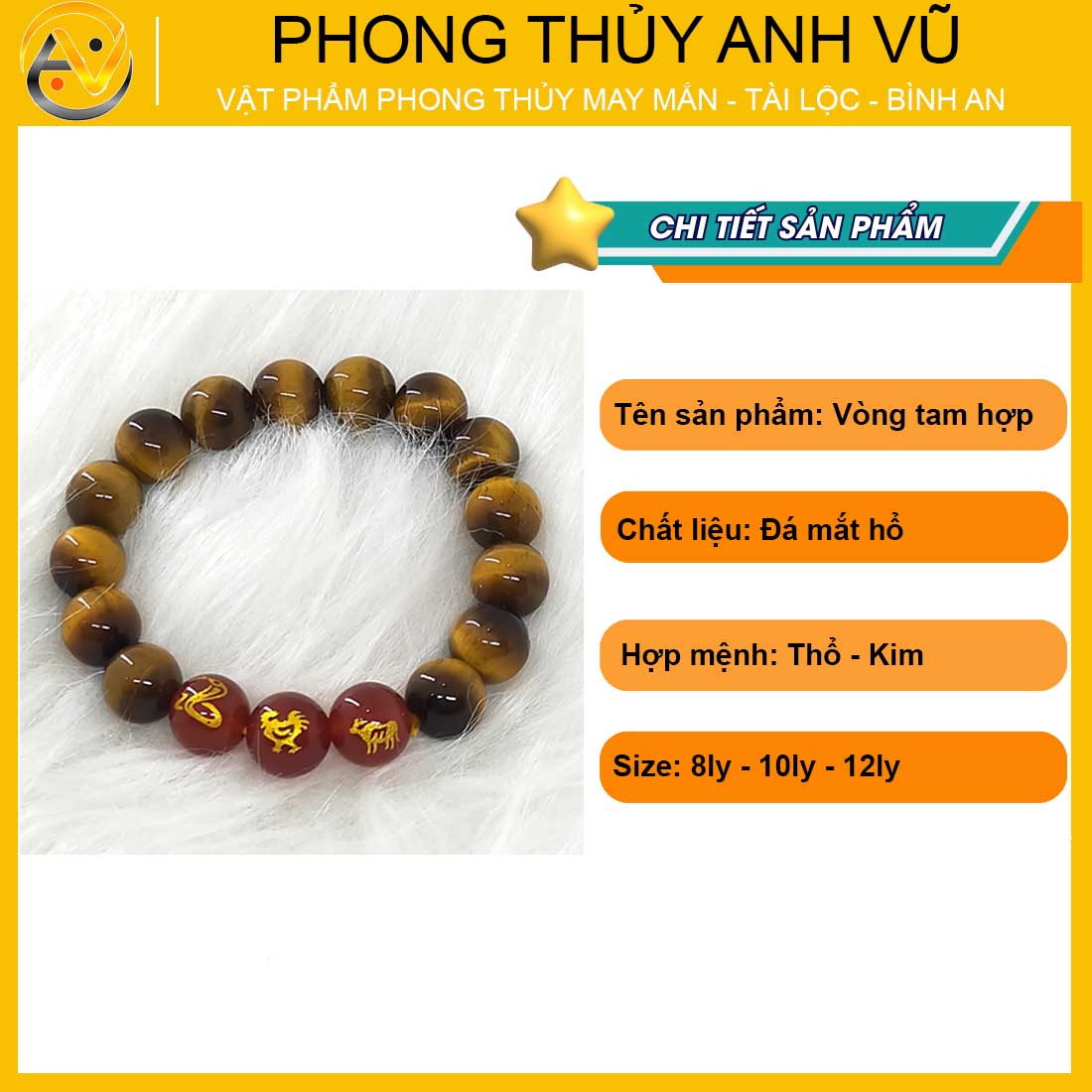 Vòng tam hợp tỵ dậu sửu đã khai quang - chất liệu đá mắt hổ vàng tự nhiên - size 8 10 12ly - may mắn tài lộc - Vòng Tam Hợp Anh Vũ