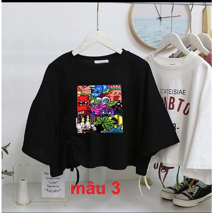Các mẫu áo thun croptopp rút dây unisex form rộng màu đen hình gấu phối màu