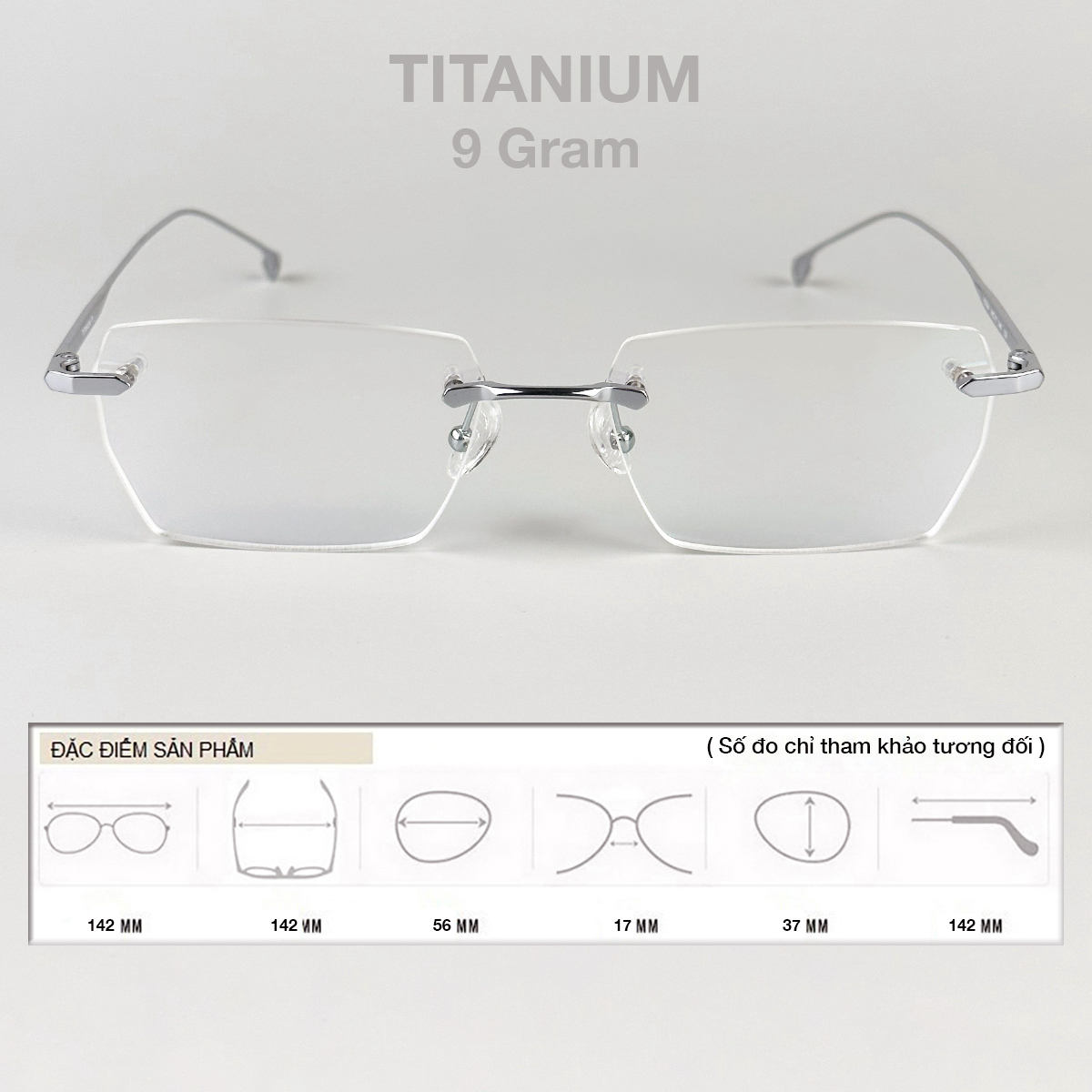 Gọng Kính Cận Giả Cận Nam Nữ Cao Cấp Titanium BLUE LIGHT Mắt Khoan Không Viền Chữ Nhật Bạc Đen Vàng Dày Dặn Cứng Nhẹ