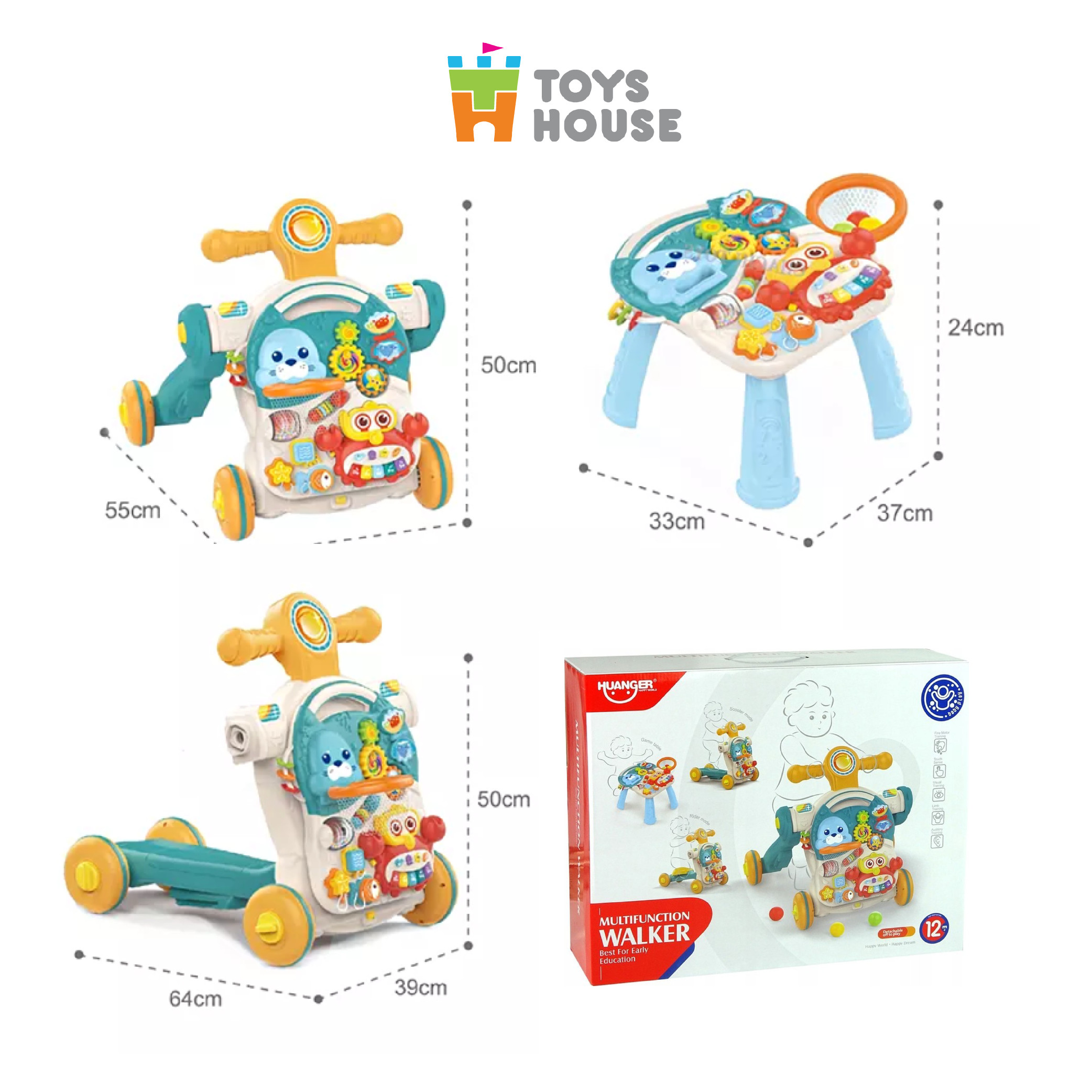 Xe tập đi đa năng 4 trong 1: xe tập đi, bàn nhạc, chòi chân, trượt scooter Toyshouse HE0826