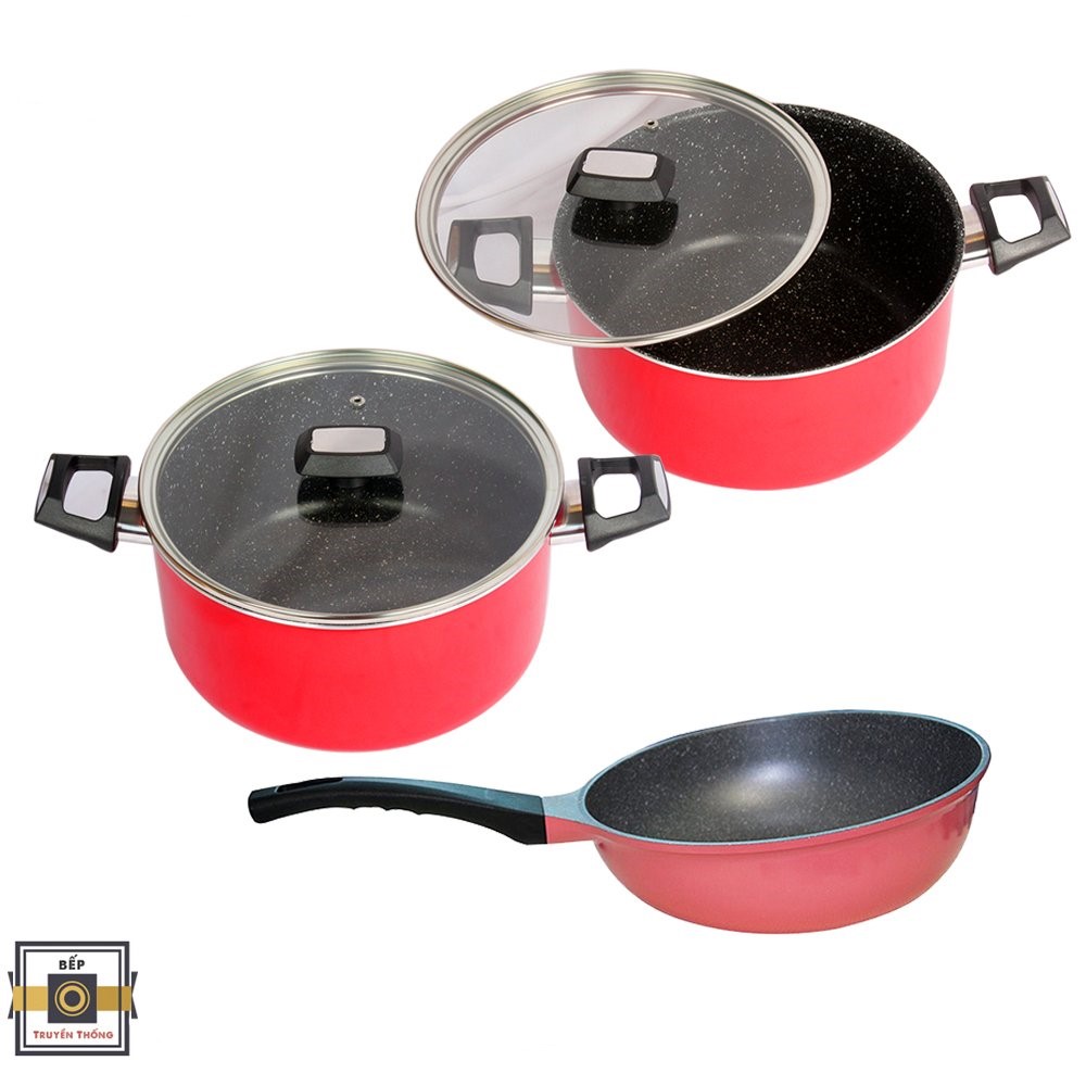 Combo 3 món cao cấp Hàn Quốc, bộ 2 nồi chống dính vân đá Kimscook , quai chống nóng, nắp kính cường lực viền inox  và Chảo đúc chống dính vân đá Ecoramic sâu lòng  26 cm, dùng bếp gas, hồng ngoại, ... - Hàng chính hãng