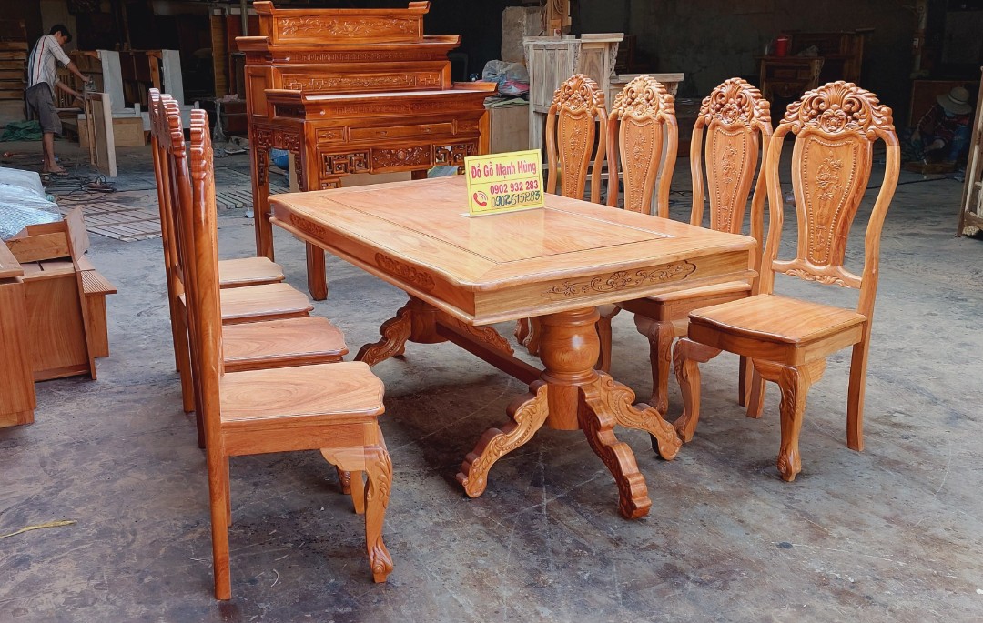 Bộ bàn ăn gỗ gõ đỏ 8 ghế kiểu dáng sang trọng, gỗ đỏ nguyên khối không pha tạp chất hàng loại 1 xưởng gỗ MẠNH HÙNG tự sản xuất
