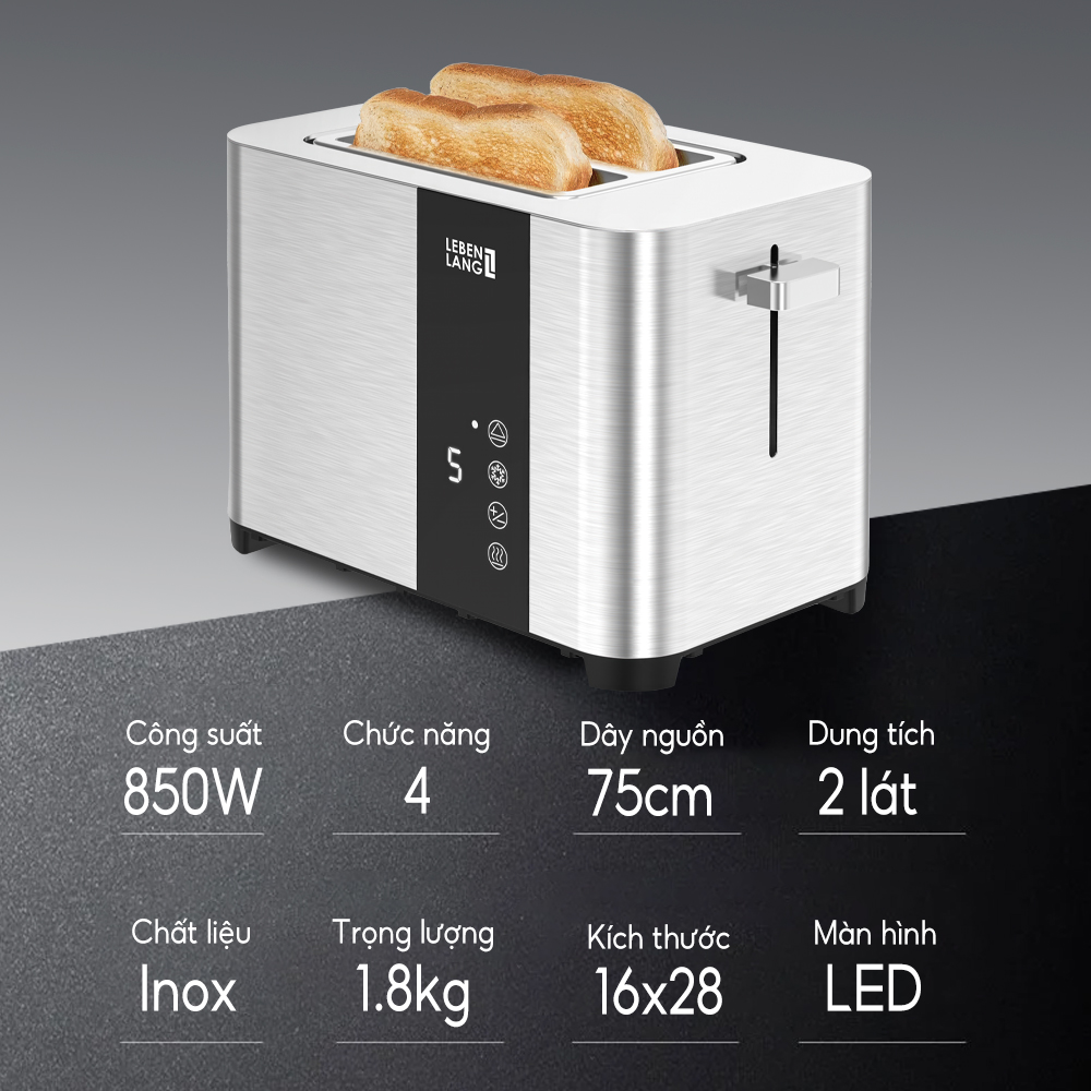 Máy nướng bánh mì Lebenlang LBL9898, dùng hâm nóng, nướng 2 lát bánh sandwich 850W, bảo hành 2 năm - hàng chính hãng